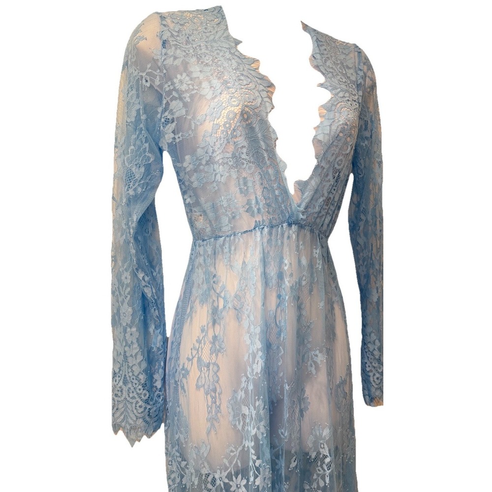 Y2K Empire Waist Floral Lace Maxi Sheer Mesh Ethereal Stretchy Long Sleeve Fairy